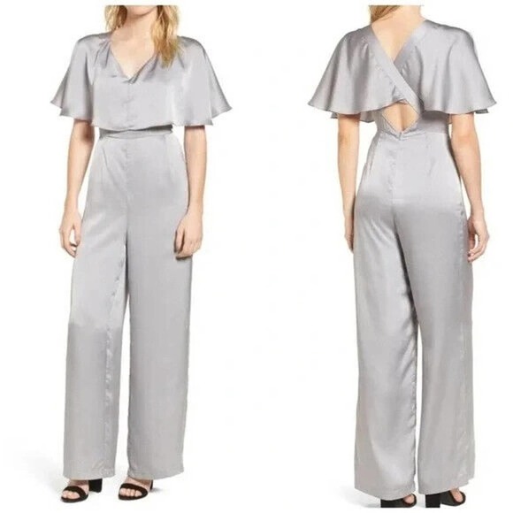 Line & Dot Tailored Satin Pas Silver Wide Leg Cross-Back Jumpsuit Women's Small - Picture 1 of 10